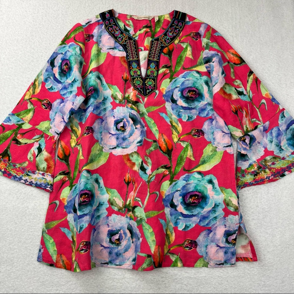 Soft Surroundings Womens Linen Embroidered Top Floral Size M Colorful